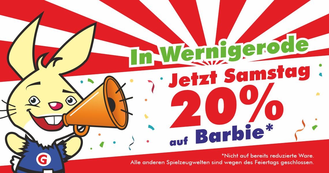 Spielzeugwelt Goyer: Samstag, 31.10.2026 – 20 % Rabatt auf alle nicht reduzierten Artikel von Barbie. Mit Spiego und dem Hinweis „Überraschung! Jetzt Samstag 20 % auf Barbie“.