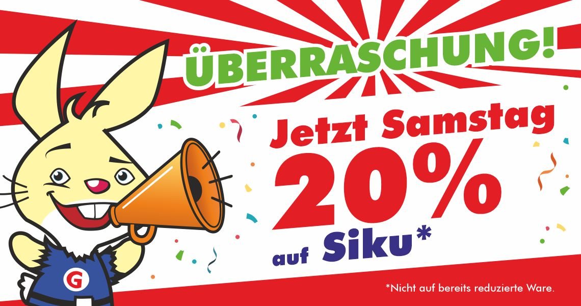 Spielzeugwelt Goyer: Samstag, 12.09.2026 – 20 % Rabatt auf alle nicht reduzierten Artikel von Siku. Mit Spiego und dem Hinweis „Überraschung! Jetzt Samstag 20 % auf Siku“.