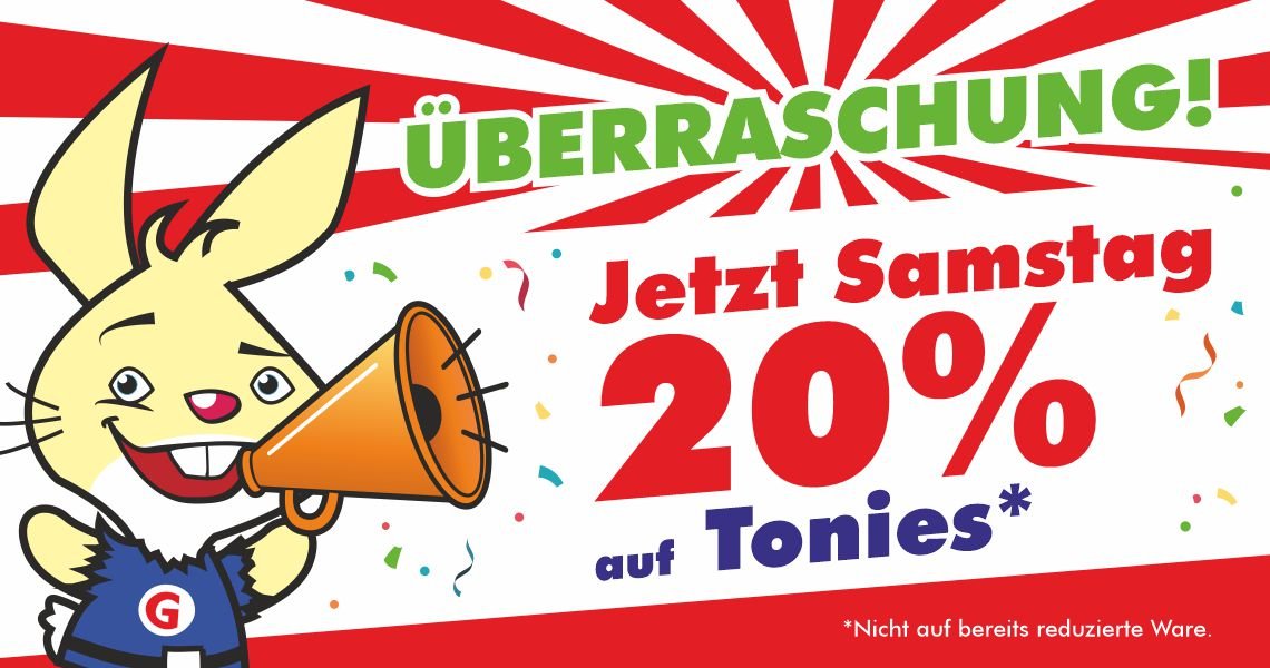 Spielzeugwelt Goyer: Samstag, 12.09.2026 – 20 % Rabatt auf alle nicht reduzierten Tonies. Mit Spiego und dem Hinweis „Überraschung! Jetzt Samstag 20 % auf Tonies“.